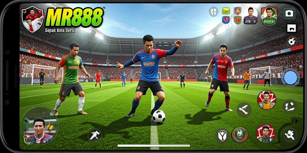 Screenshot gameplay MR888 yang menampilkan aksi seru di lapangan sepak bola.
