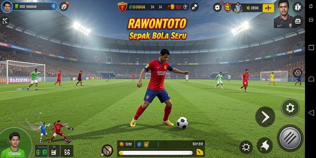 Tangkapan layar gameplay RAWONTOTO yang menampilkan aksi seru di lapangan sepak bola.