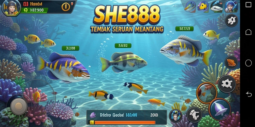 Menampilkan aksi menembak ikan yang seru dalam gameplay SHE888.