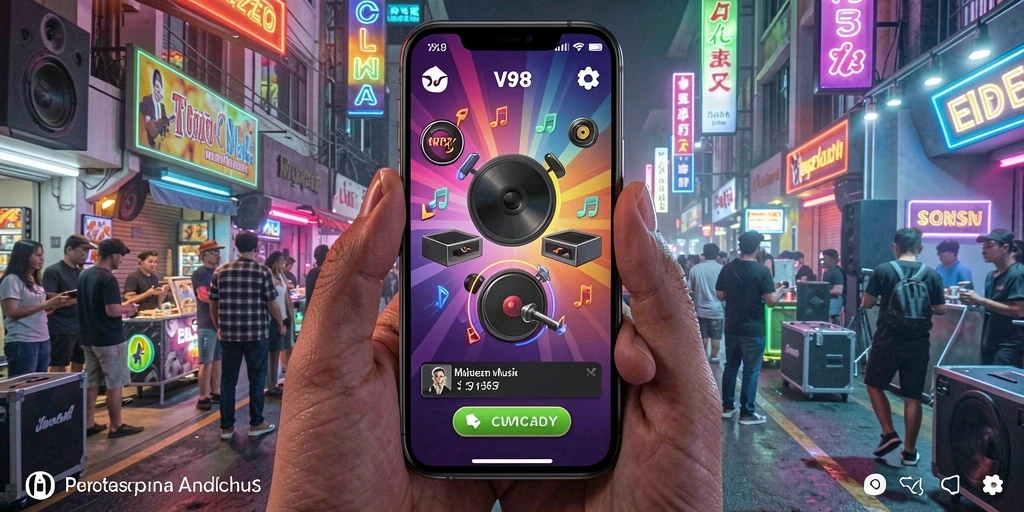 Tampilan gameplay V98 dengan berbagai lagu menarik dan interaksi pengguna.
