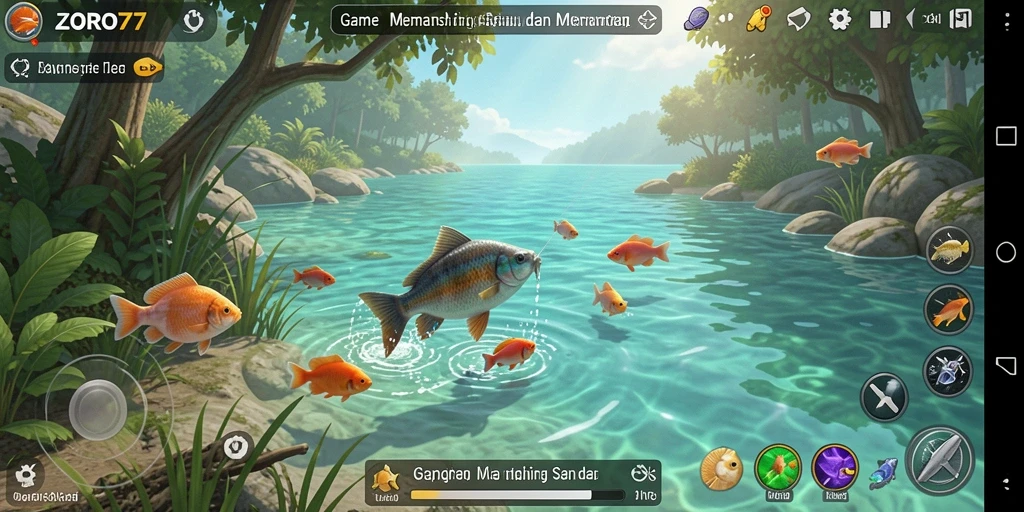 Screenshot utama ZORO77 menampilkan aksi seru saat memancing ikan.
